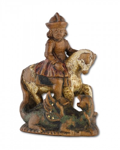 Antiquités - Pièce d'échecs miniature représentant Saint Georges terrassant le dragon