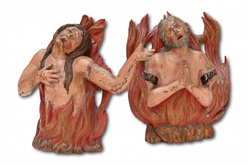 Antiquités - Sculptures polychromes d'âmes brûlantes au purgatoire