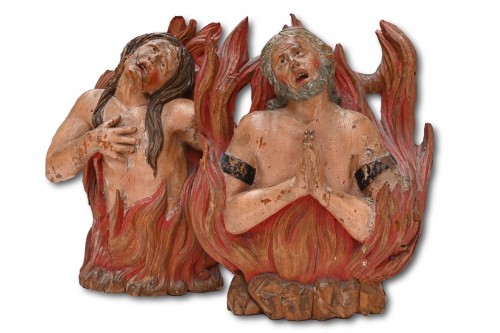 Antiquités - Sculptures polychromes d'âmes brûlantes au purgatoire