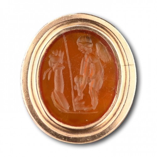 Bijouterie, Joaillerie  - Sceau géorgien en or serti d'une intaille romaine d'Eros devant un autel