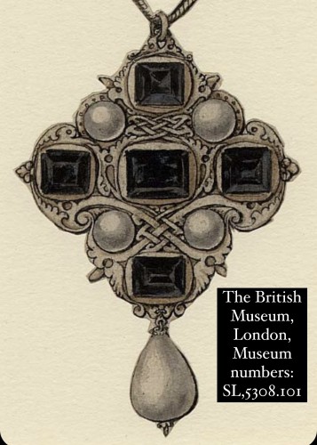 Antiquités - Pendentif croix en or, grenat hessonite et perle, XVIe siècle