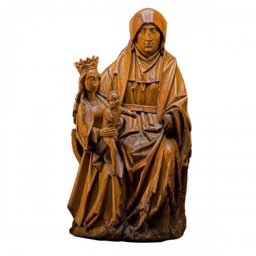 Sculpture en chêne de la Vierge et l'enfant avec sainte Anne. Brabant vers 1500
