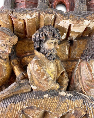 Retable en chêne de trois personnages devant un paysage. Anvers vers 1520 - 