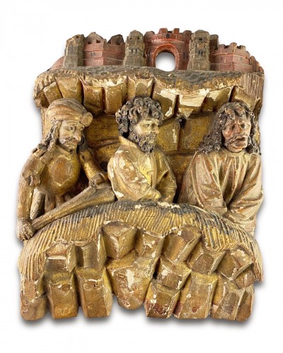 Antiquités - Retable en chêne de trois personnages devant un paysage. Anvers vers 1520