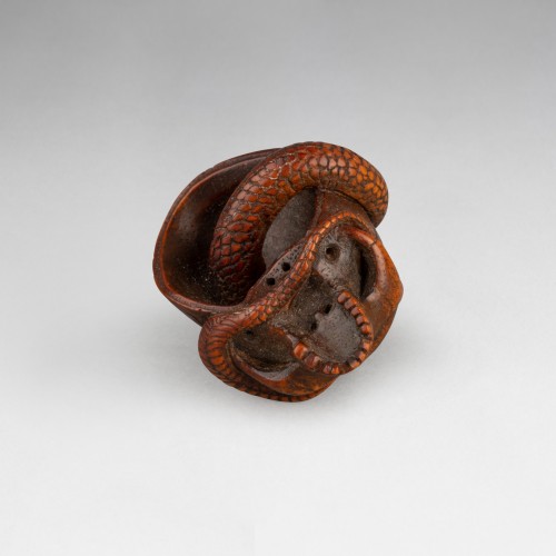 Netsuke par Sukeyuki - serpent s’enroulant dans un crâne. Japon Takayam, Hida - Reflets des Arts