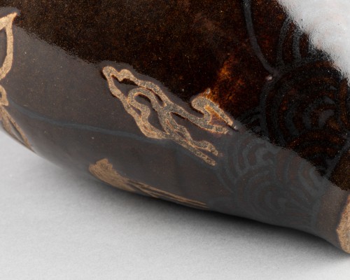Antiquités - Vase en grès - Lotus et héron, Japon Edo