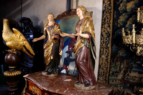 Sculpture Sculpture en Bois - Paire de servantes vénitiennes en bois polychromé et doré