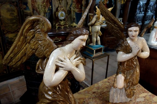 Sculpture Sculpture en Bois - Paire d’anges en bois polychromé
