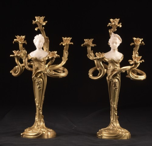 Luminaires Bougeoirs et Chandeliers - Paire de grands de candélabres à cinq bras fin 19e siècle