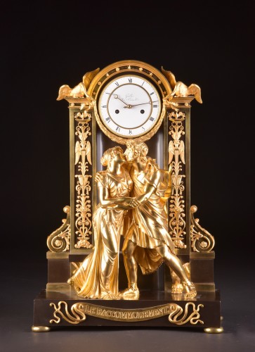 “Le Réconciliation” grande pendule Empire romantique en bronze doré - Horlogerie Style Empire