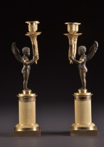 XIXe siècle - Paire de candélabres Empire en bronze doré et patiné