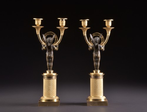 Paire de candélabres Empire en bronze doré et patiné - Empire
