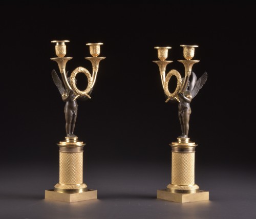 Empire - Paire de candélabres Empire en bronze doré et patiné