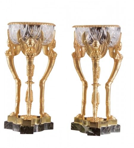Paire de coupes Napoléon III en bronze et cristal de Baccarat