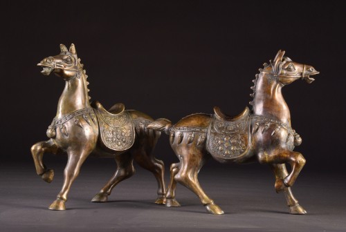 Sculpture Sculpture en Bronze - Paire de chevaux chinois en bronze de la dynastie Tang