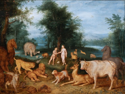 Adam et Eve au paradis, atelier de Jan Brueghel le Jeune (1601-1678) - Tableaux et dessins Style Louis XIII