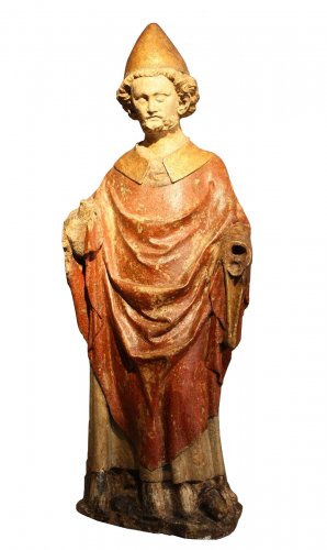 Saint Pierre en pierre sculptée polychromée, Lorraine fin XIIIe début XIVe