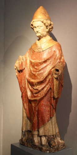 Saint Pierre en pierre sculptée polychromée, Lorraine fin XIIIe début XIVe - Sculpture Style Moyen Âge