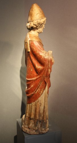 Saint Pierre en pierre sculptée polychromée, Lorraine fin XIIIe début XIVe - Moyen Âge