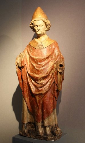 Moyen Âge - Saint Pierre en pierre sculptée polychromée, Lorraine fin XIIIe début XIVe