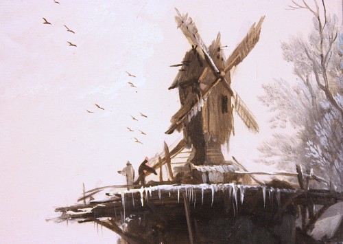 XVIIe siècle - Paysage d'hiver au moulin, entourage de Klaes Molenaer, XVIIe siecle