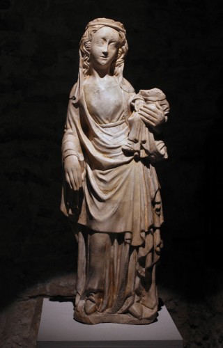 Vierge à l’enfant en pierre sculptée, milieu du XIVe siecle - Sculpture Style Moyen Âge