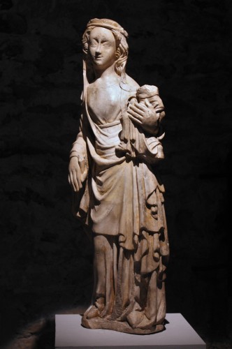 Antiquités - Vierge à l’enfant en pierre sculptée, milieu du XIVe siecle