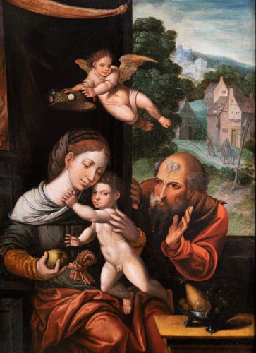 Sainte Famille avec un ange, atelier de Pieter Coecke Van Aelst (1502-1550) - Tableaux et dessins Style Renaissance