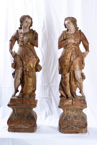 Paire d'anges céroféraires en bois, Italie 17e siècle - Sculpture Style Louis XIII