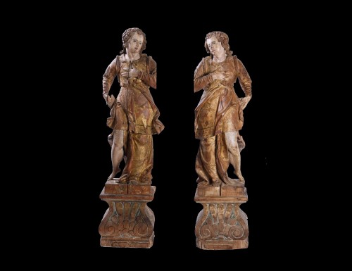 Antiquités - Paire d'anges céroféraires en bois, Italie 17e siècle