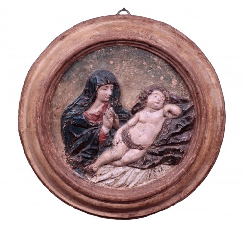 Stuc Polychrome - Madonna Avec Enfant, Florence,17e siècle