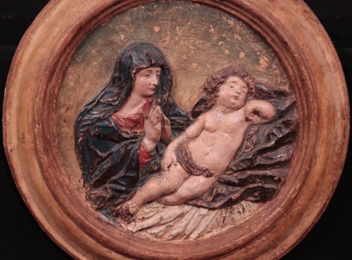 Stuc Polychrome - Madonna Avec Enfant, Florence,17e siècle - Sculpture Style Renaissance