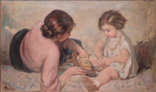 Giuseppe Mascarini (1877- 1954) - Mère et enfant - Tableaux et dessins Style Art nouveau