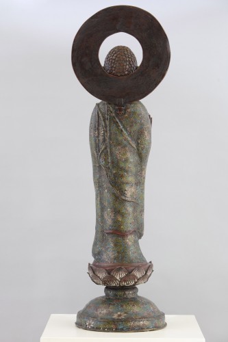 Antiquités - Grand Bouddha debout en bronze et émaux cloisonnés, Chine fin 19e