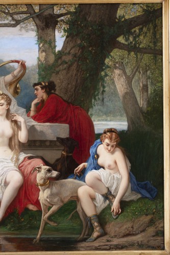 Louis Devedeux (1820-1874) - Diane Déesse de la Chasse entourée de ses serviteurs dans une forêt - Tableaux et dessins Style Napoléon III