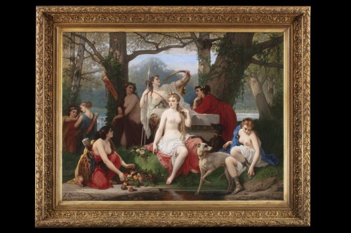 Louis Devedeux (1820-1874) - Diane Déesse de la Chasse entourée de ses serviteurs dans une forêt - Napoléon III