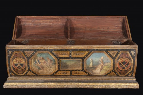 Coffre de mariage en bois laqué polychrome - Mobilier Style Renaissance