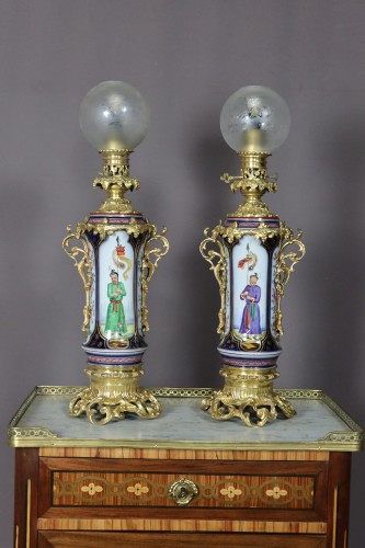 Luminaires Lampe - Paire de lampes en porcelaine et bronze doré