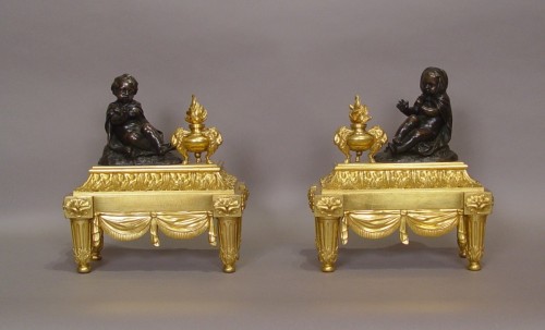 Paire de chenets " les enfants frileux" époque Louis XVI - Objet de décoration Style Louis XVI