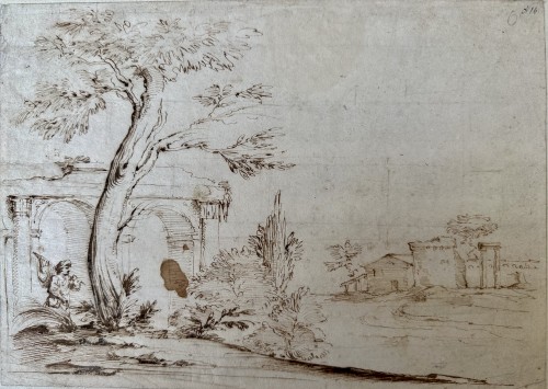 Cercle de Guercino (1591 – 1666) Paysage avec des ruines