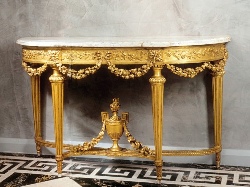 Importante console Louis XVI en bois doré par Etienne Epaulard - Mobilier Style Louis XVI