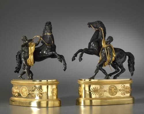 Sculpture Sculpture en Bronze - Paire de statuettes Empire d'après les modèles des chevaux de Marly