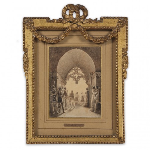 Dessin troubadour dans un intérieur néogothique par Auguste GARNERAY (1785-1824)