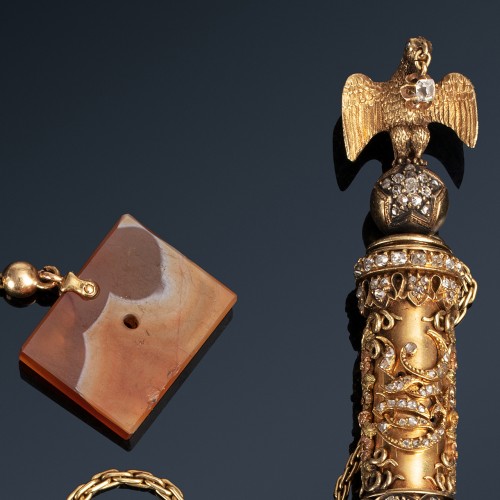 XIXe siècle - Précieux briquet à amadou en or, agate et diamants du XIXe siècle