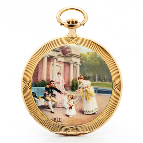 XXe siècle - Montre de poche Movado en or émaillé figurant Napoléon jouant avec le Roi de Rome