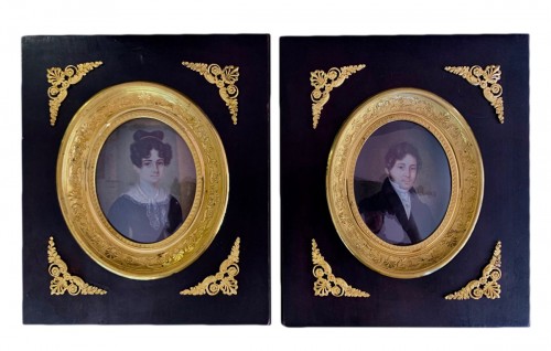 Paire de portraits miniatures d'époque Restauration - Hippolyte Chapon (1790-après 1838)