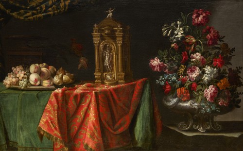 Composition à l'horloge, au plateau de fruits et aux fleurs par Adeodato Zuccati