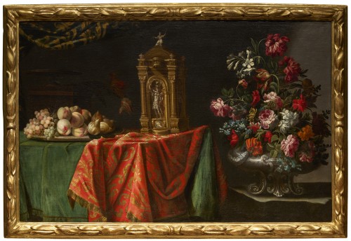 Composition à l'horloge, au plateau de fruits et aux fleurs par Adeodato Zuccati - Tableaux et dessins Style 