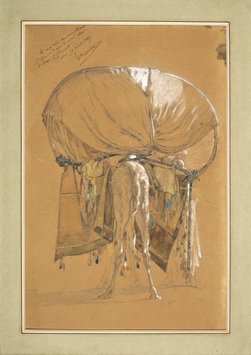 Tableaux et dessins Dessin, Aquarelle & Pastel - Etude d’un dromadaire chargé d’un palanquin, vu de dos par Gustave Guillaumet