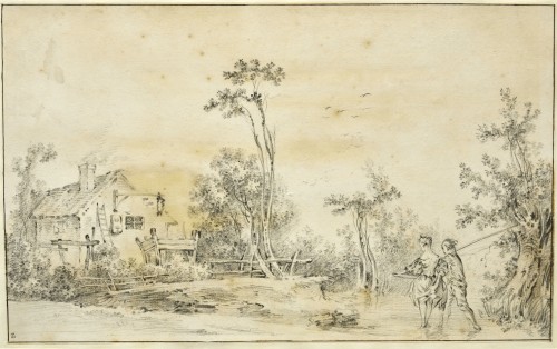 Paysage rural aux pêcheurs, un dessin en partie attribué à François Boucher - Tableaux et dessins Style Louis XV